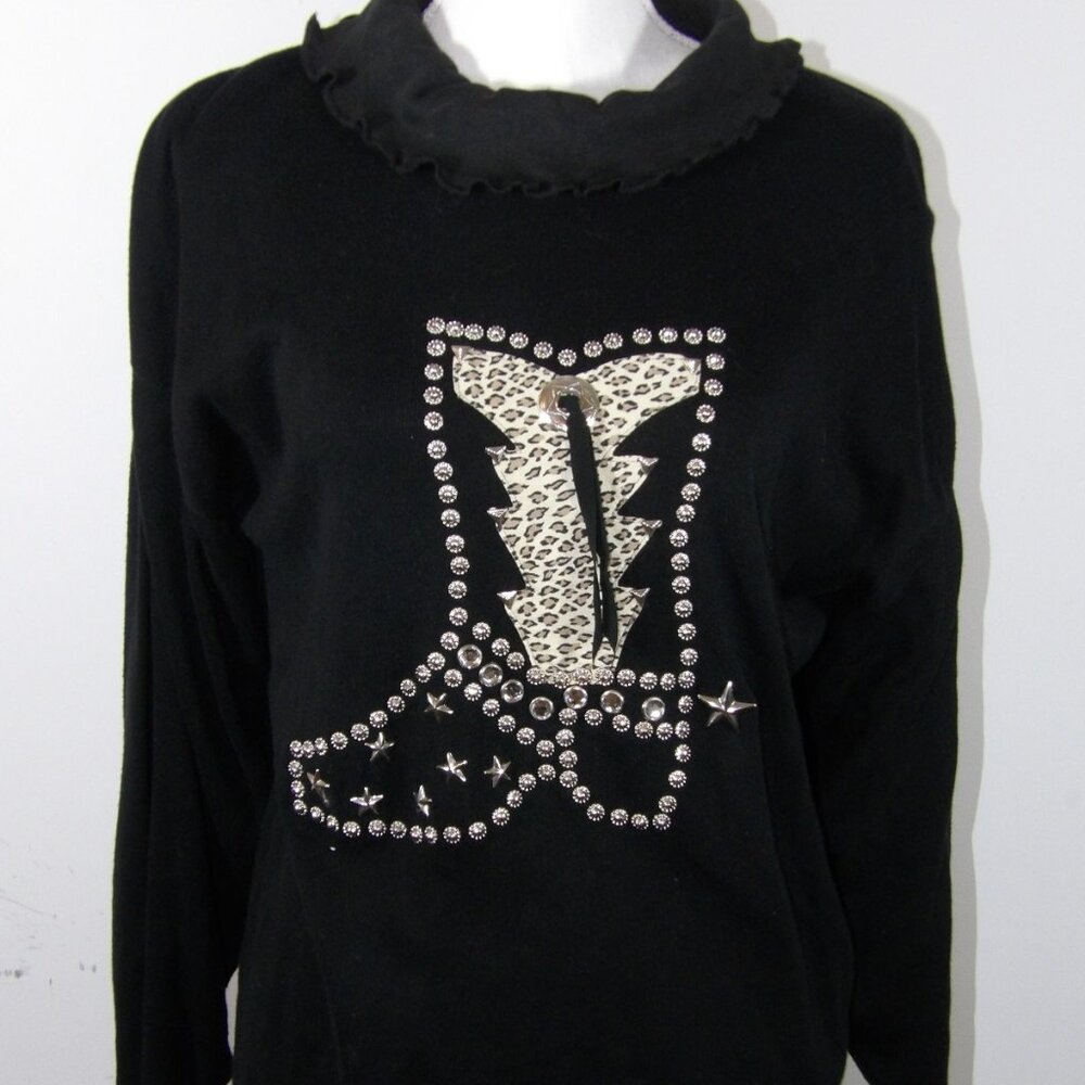 Black Sweater with Appliqued Cowboy Boot on the Front Leopard Print Rhinestones